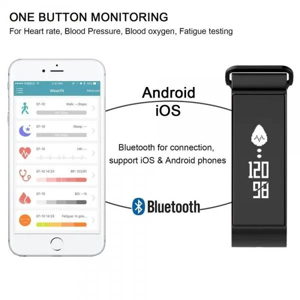 T2 Blood Pressure Heart Rate Monitor Bluetooth Smart Wristband For Phones Black
