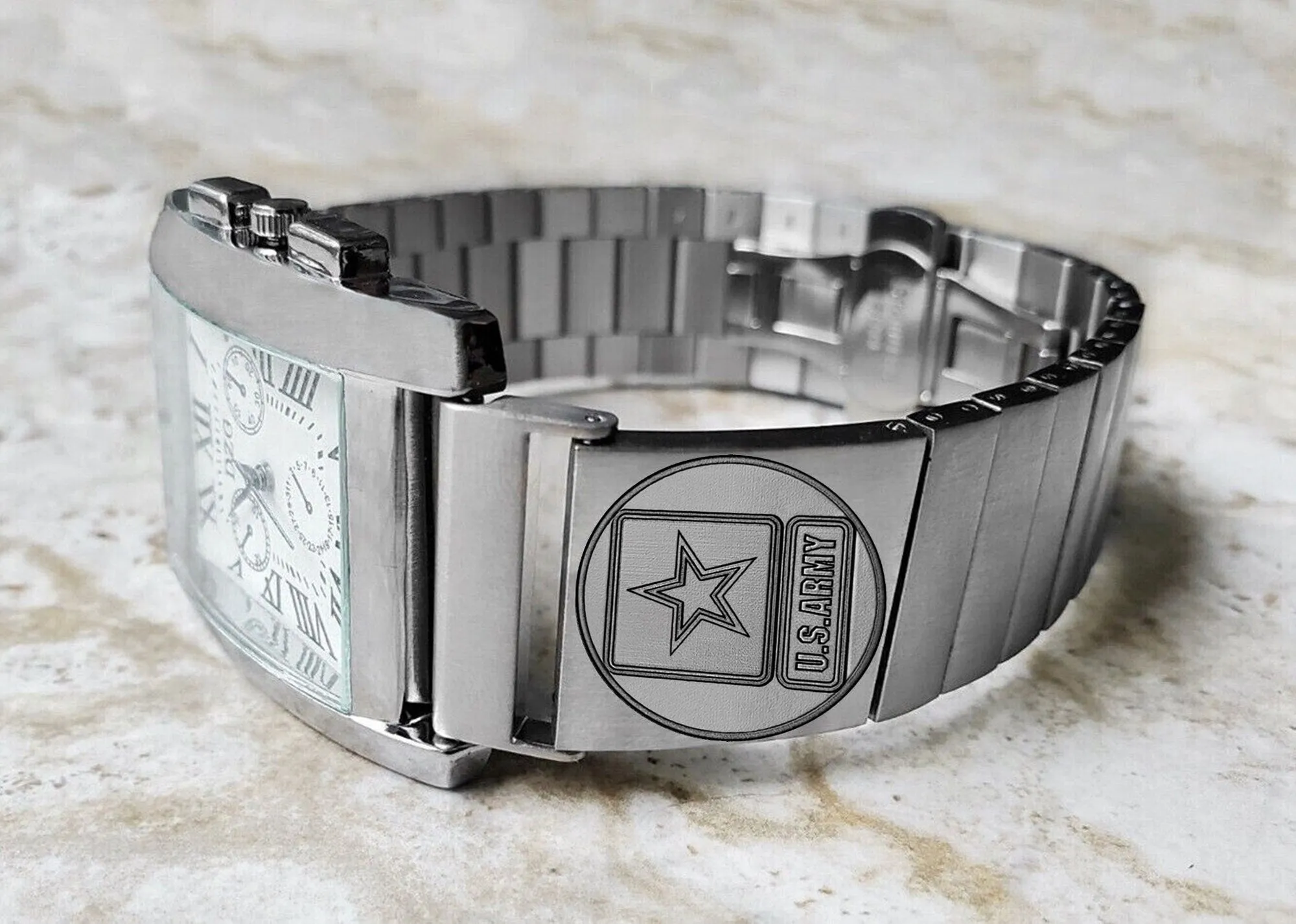 US Army Engraved Band for 22mm 24mm 25mm Lugs Traditional Casual Luxury and Smartwatches Silver Color Stainless Steel Bracelet Strap US1
