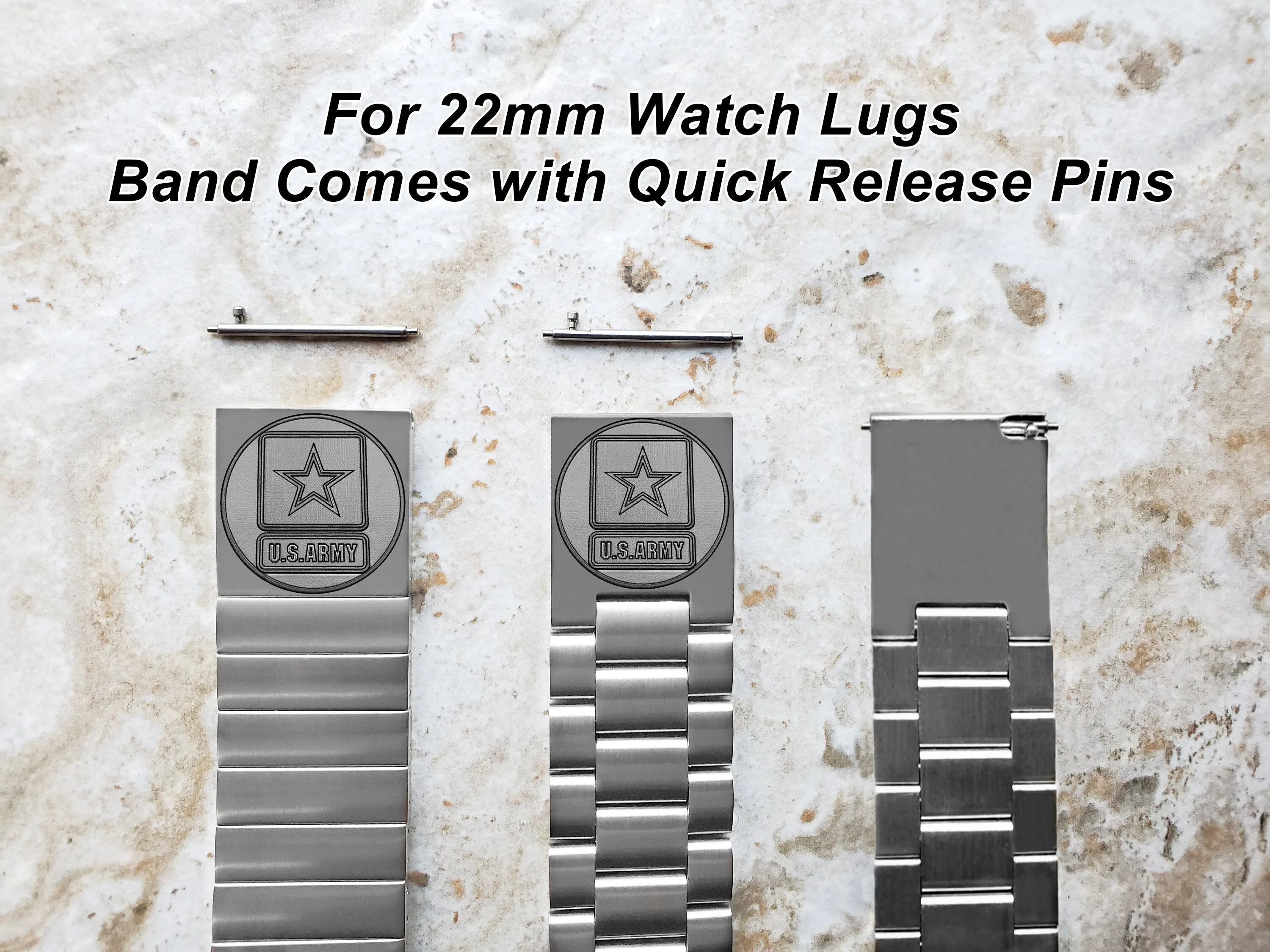 US Army Engraved Band for 22mm 24mm 25mm Lugs Traditional Casual Luxury and Smartwatches Silver Color Stainless Steel Bracelet Strap US1