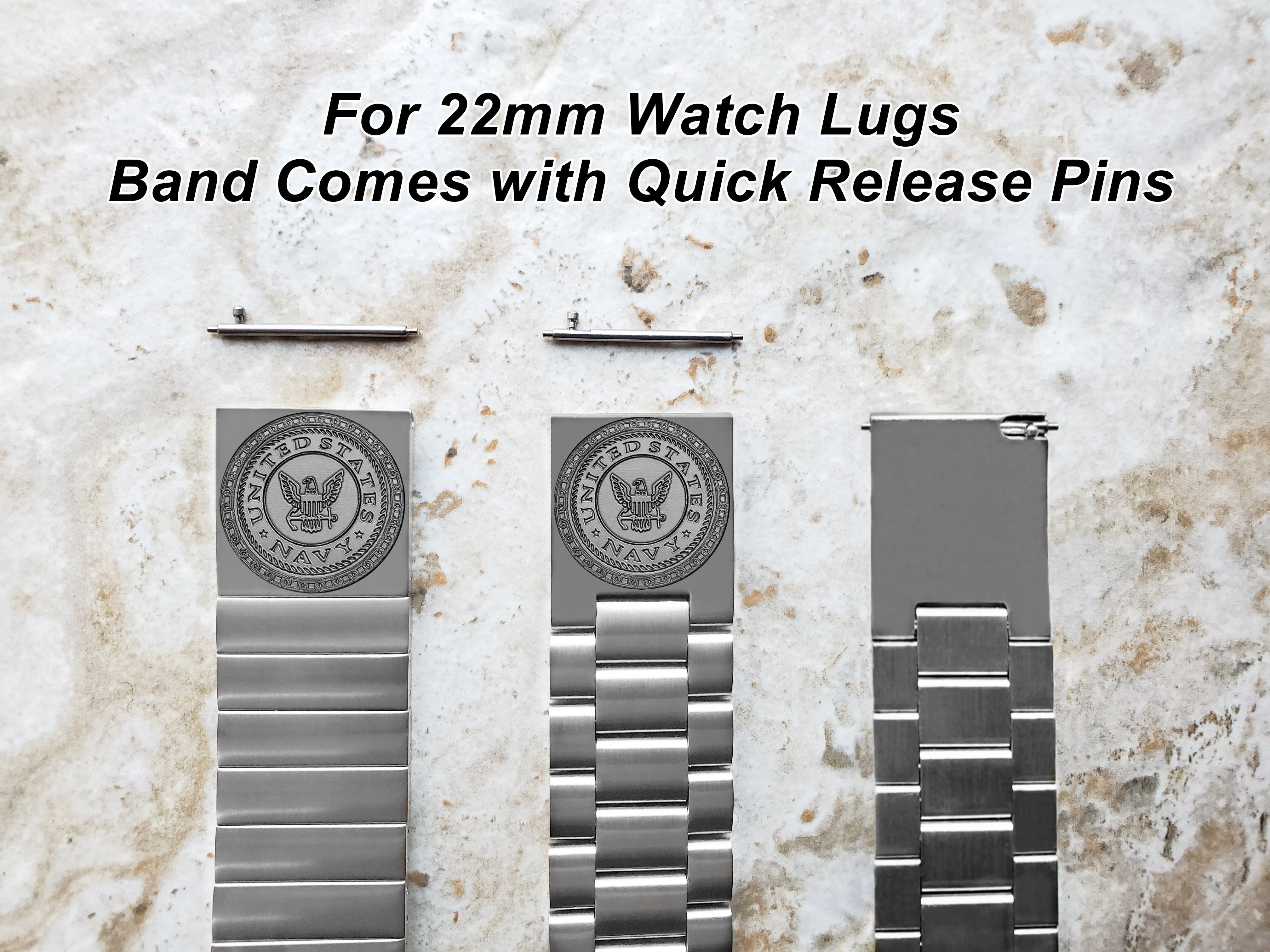 US Navy Engraved Watch Band for 22mm 24mm 25mm Lugs Traditional Casual Luxury and Smartwatches Silver Color Stainless Steel Bracelet Strap NE1
