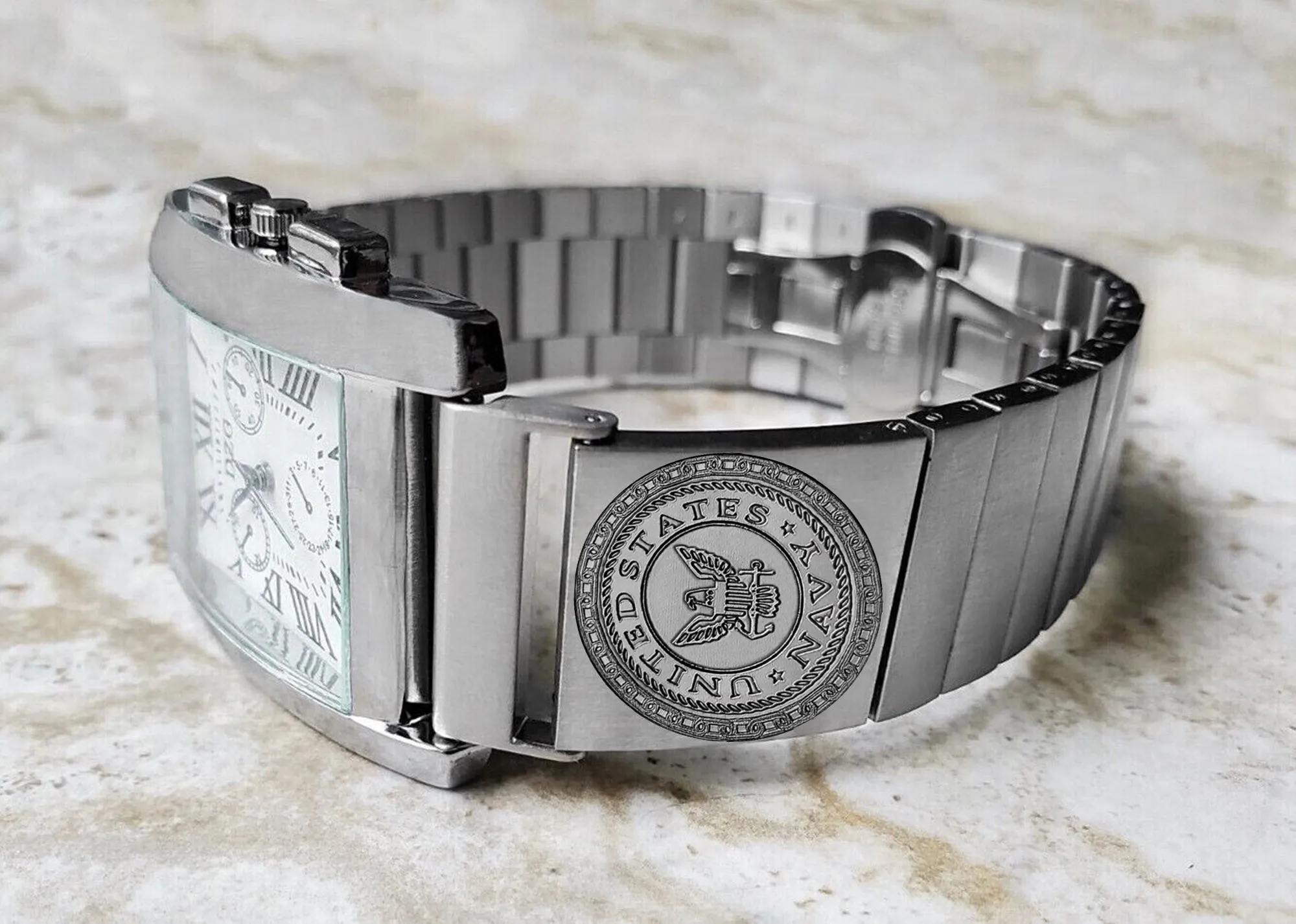 US Navy Engraved Watch Band for 22mm 24mm 25mm Lugs Traditional Casual Luxury and Smartwatches Silver Color Stainless Steel Bracelet Strap NE1