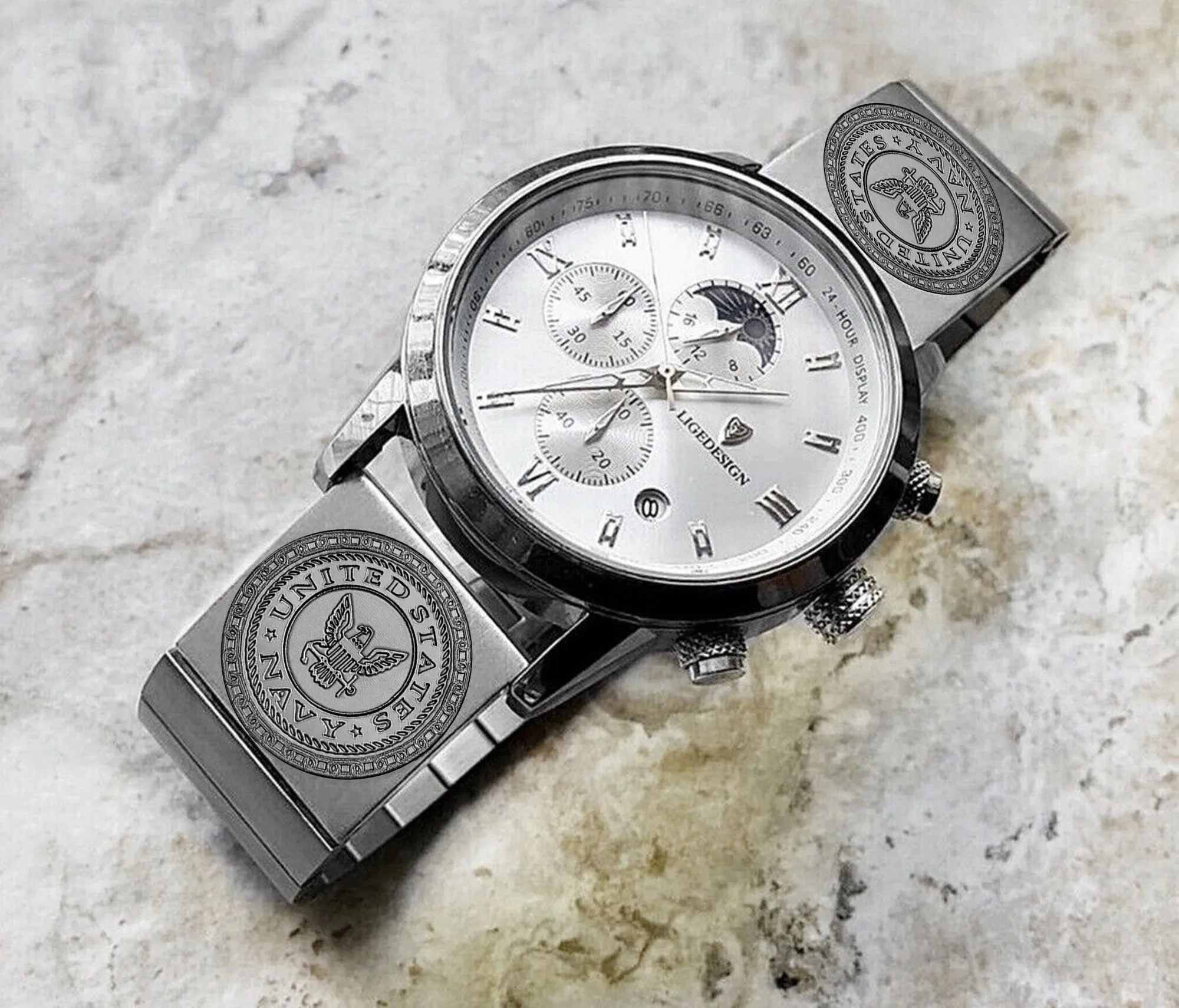 US Navy Engraved Watch Band for 22mm 24mm 25mm Lugs Traditional Casual Luxury and Smartwatches Silver Color Stainless Steel Bracelet Strap NE1