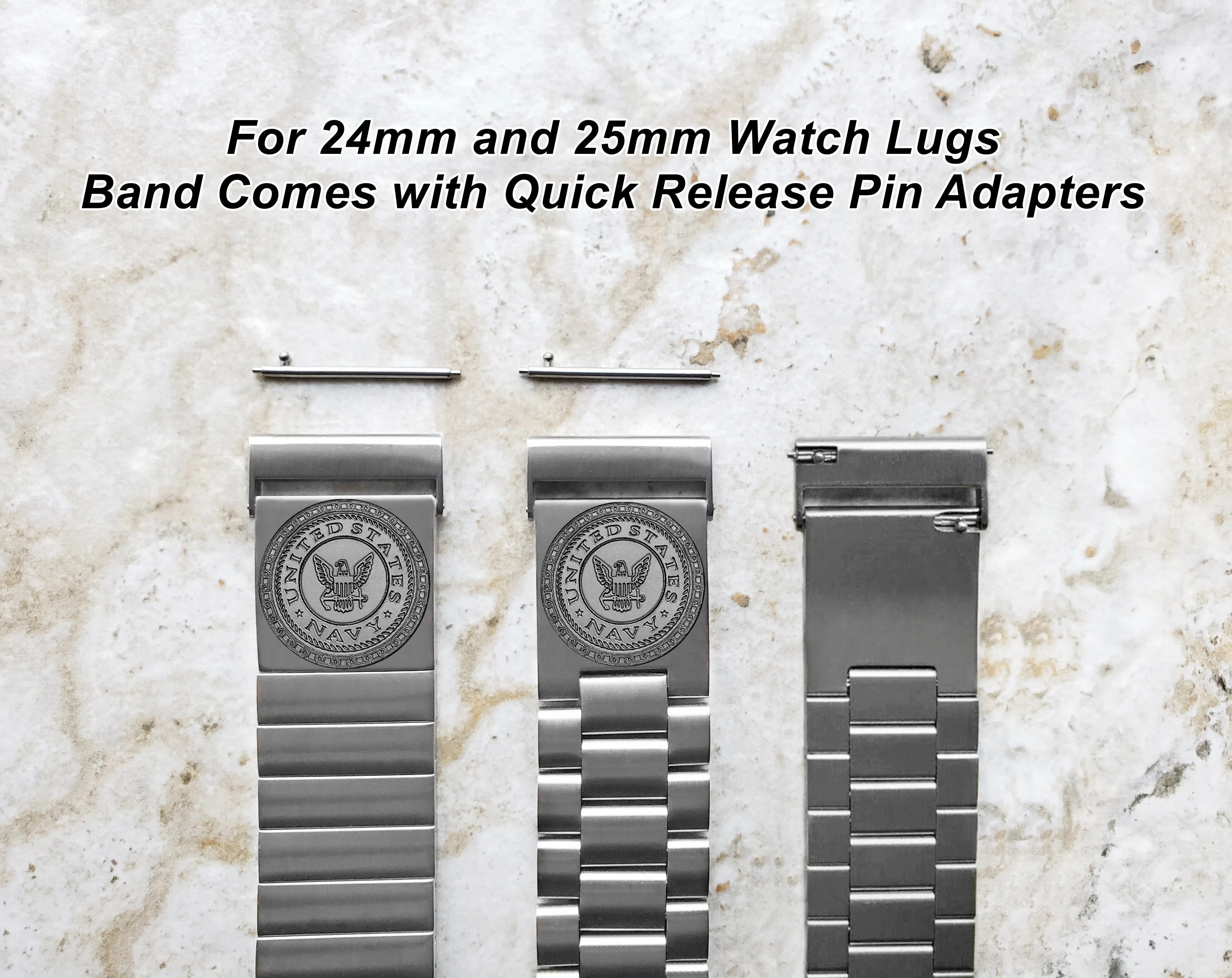 US Navy Engraved Watch Band for 22mm 24mm 25mm Lugs Traditional Casual Luxury and Smartwatches Silver Color Stainless Steel Bracelet Strap NE1