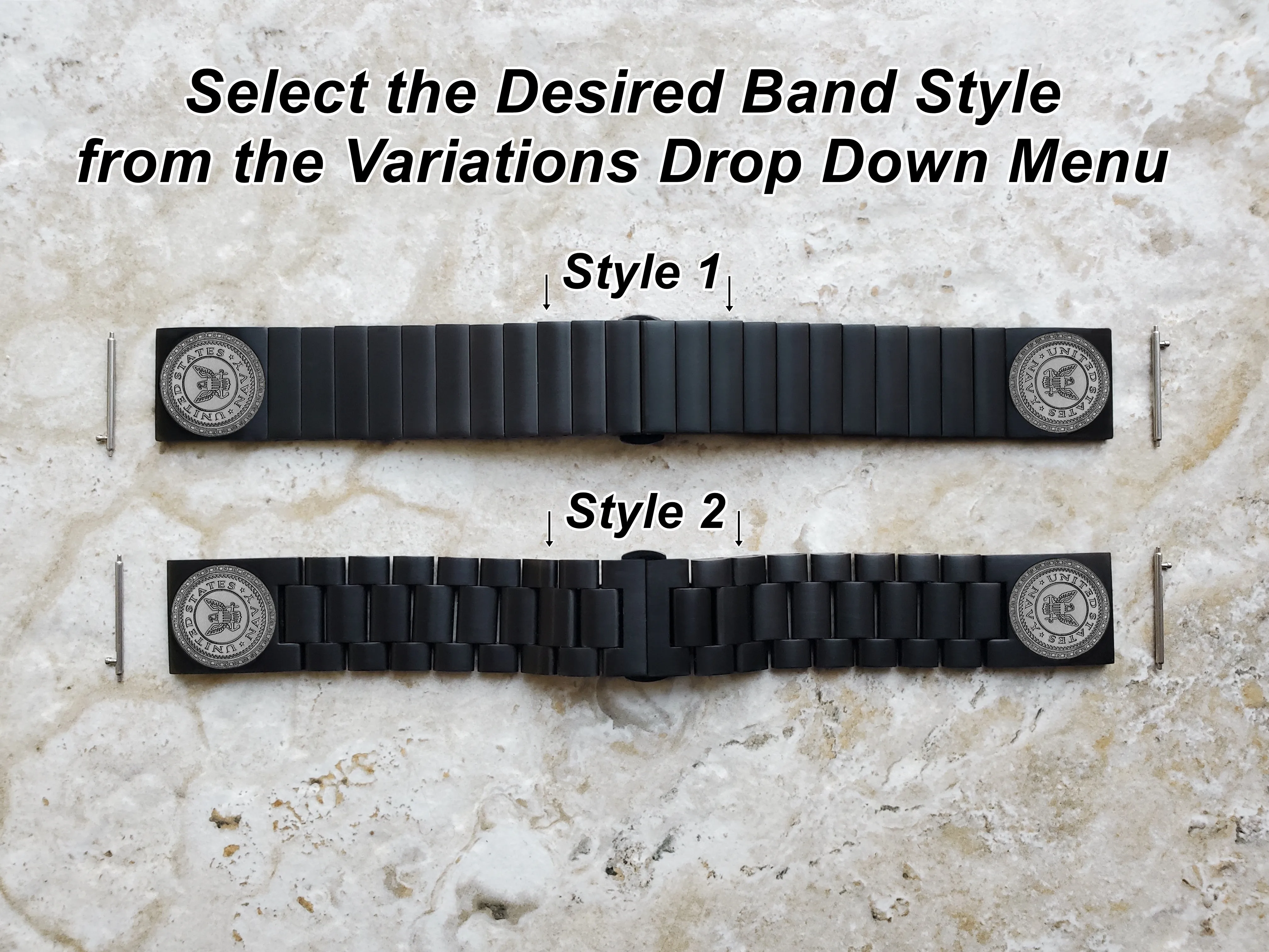 US Navy Engraved Watch Band for 22mm Width Lugs Traditional Casual Luxury and Smartwatches Black Color Stainless Steel Strap Bracelet NE1