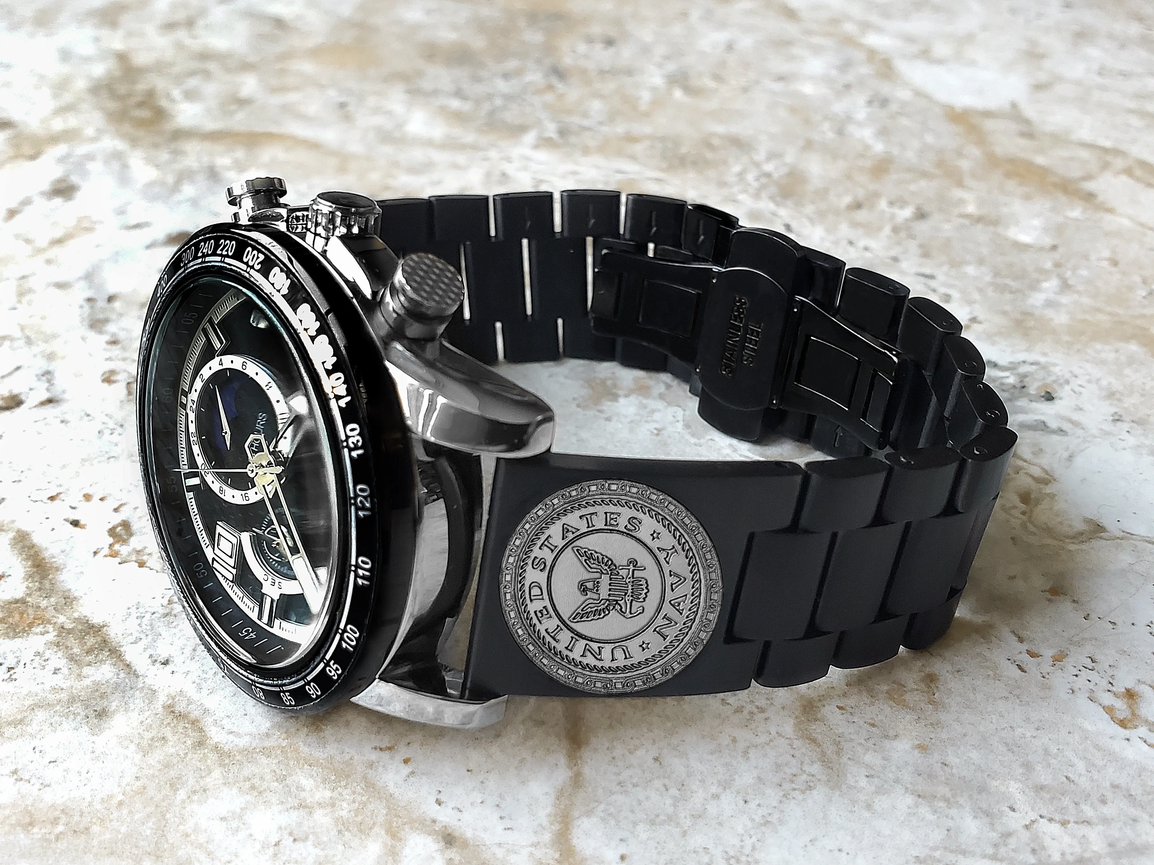 US Navy Engraved Watch Band for 22mm Width Lugs Traditional Casual Luxury and Smartwatches Black Color Stainless Steel Strap Bracelet NE1