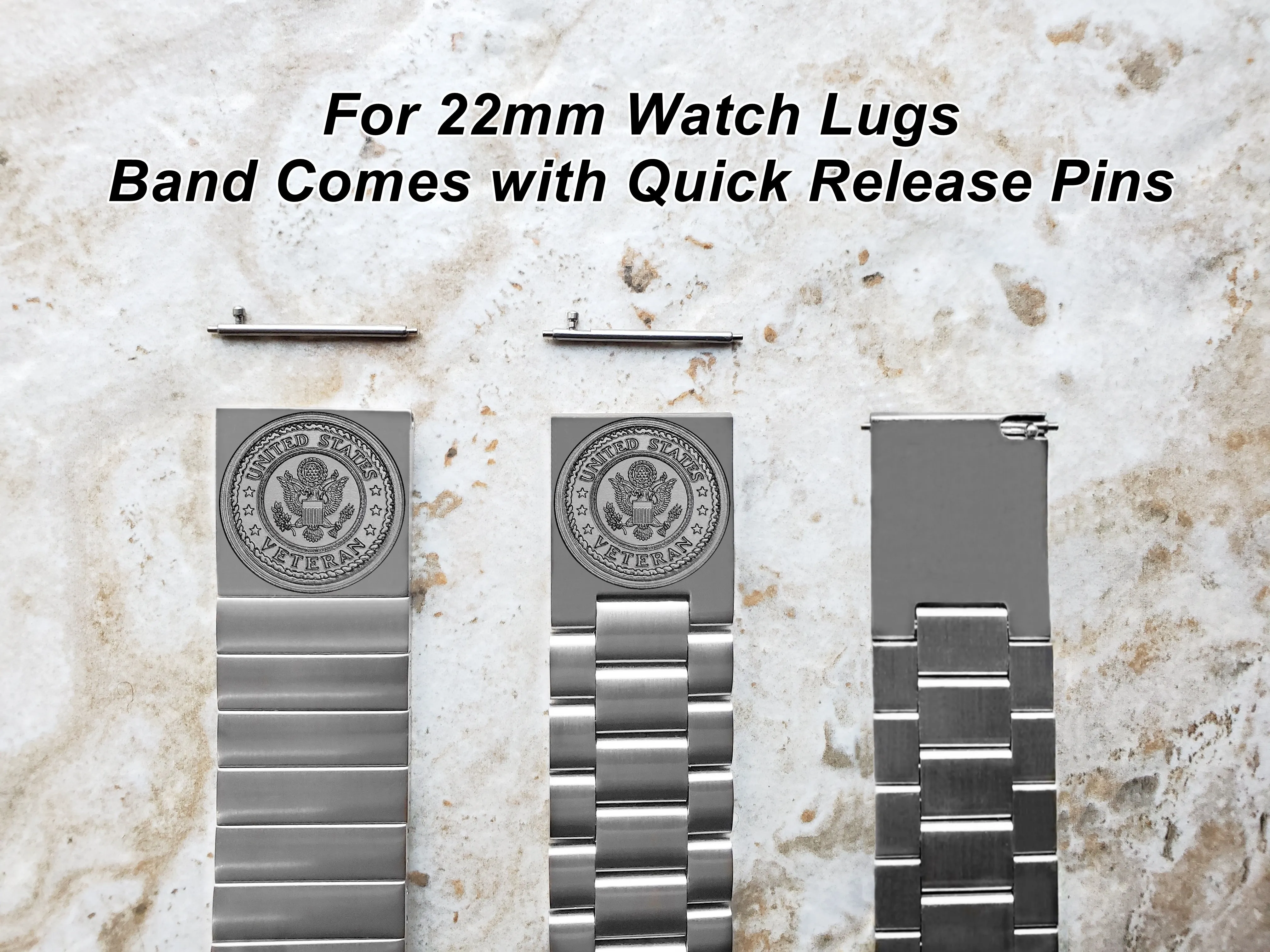 US Veteran Engraved Watch Band for 22mm 24mm 25mm Lugs Traditional Casual Luxury and Smartwatches Silver Color Stainless Steel Bracelet Strap V3