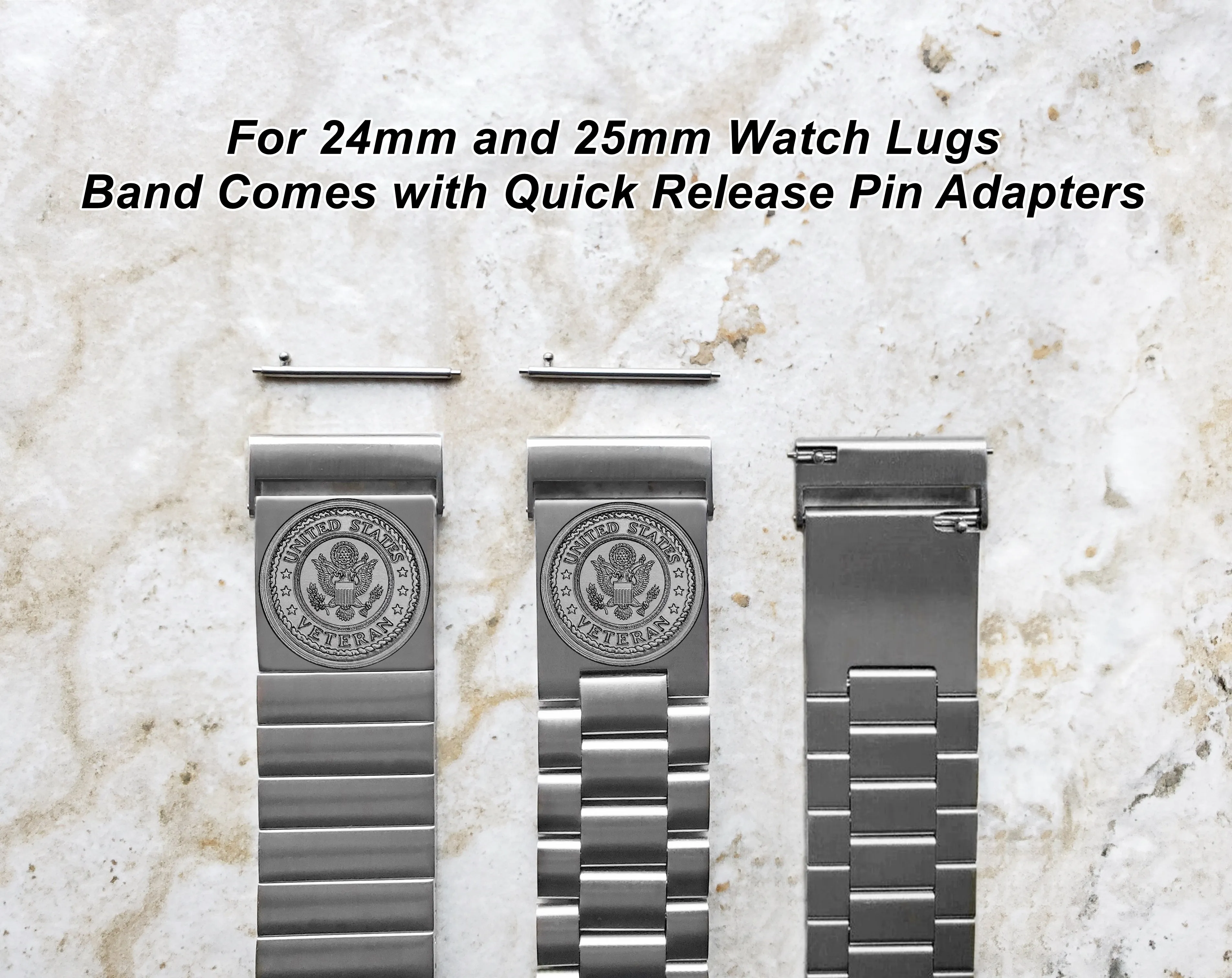 US Veteran Engraved Watch Band for 22mm 24mm 25mm Lugs Traditional Casual Luxury and Smartwatches Silver Color Stainless Steel Bracelet Strap V3