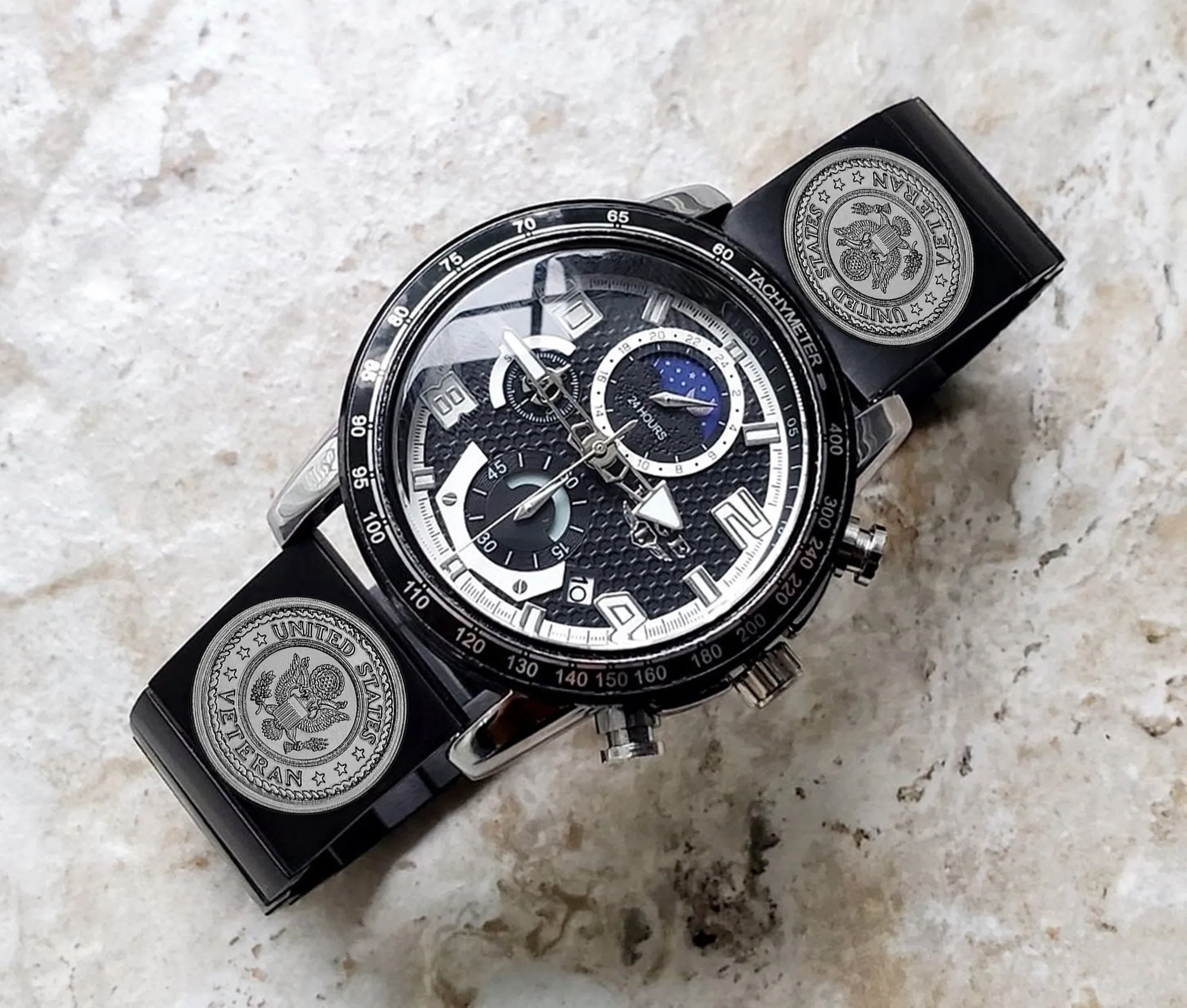 US Veteran Engraved Watch Band for 22mm Width Lugs Traditional Casual Luxury and Smartwatches Black Color Stainless Steel Strap Bracelet V3