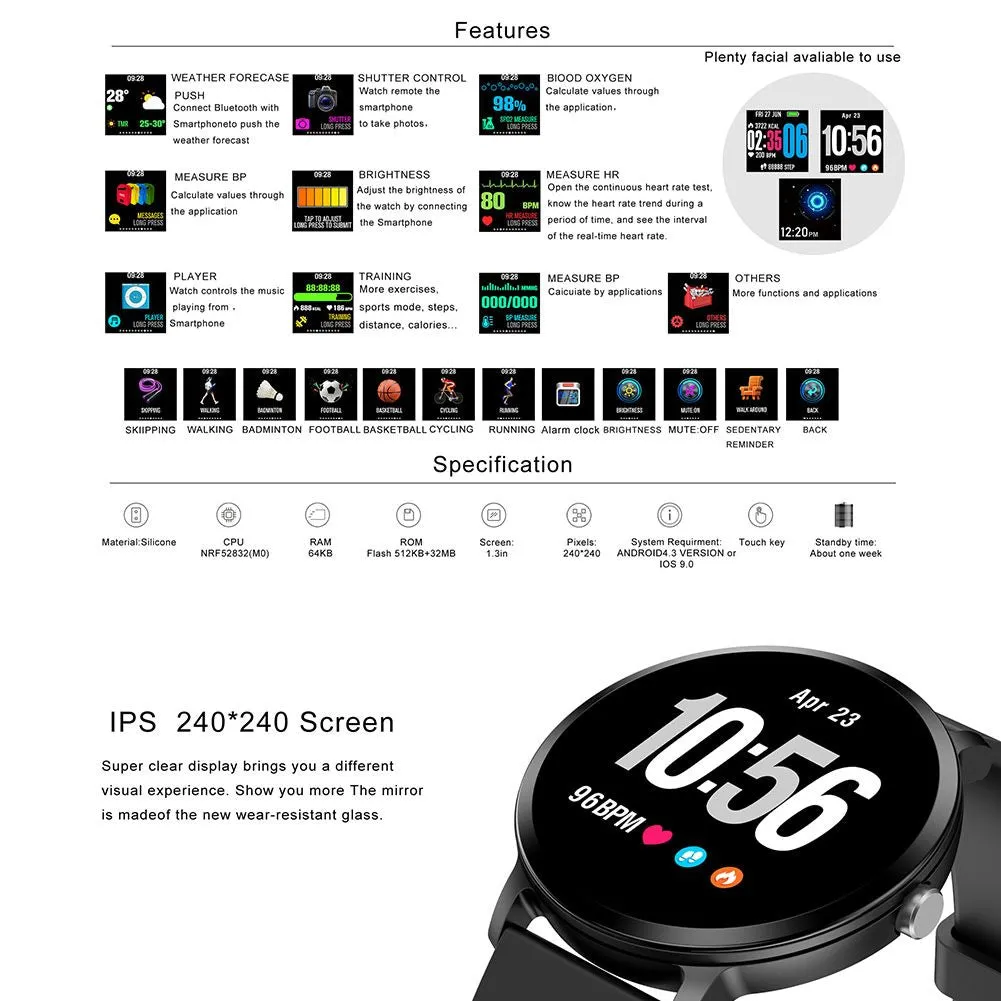 V11 Smart Watch Blood Pressure Heart Rate Monitor Sport Bracelet Fitness