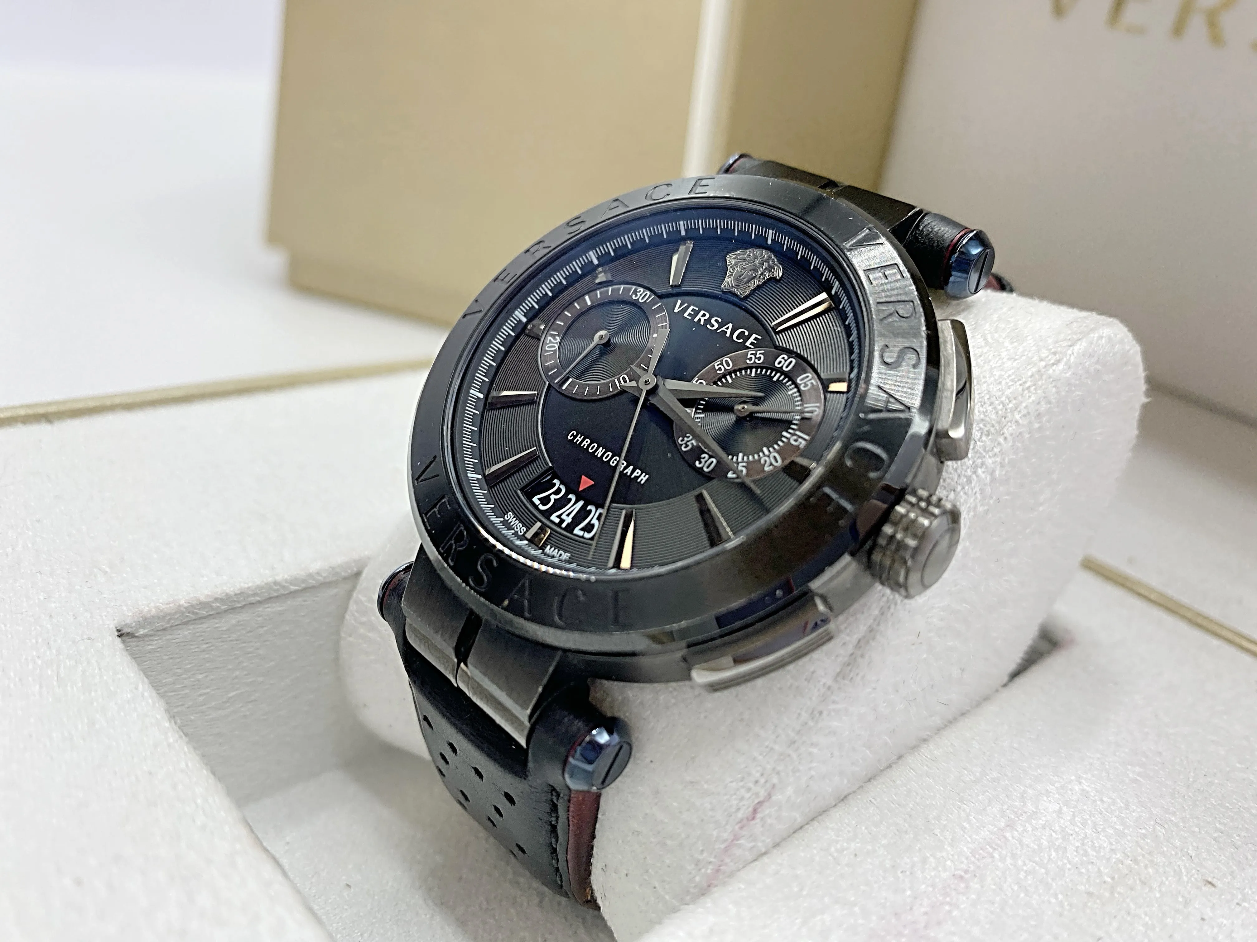 Versace VE1D00519 Chronograph Black Leather Steel 45mm Mens Watch