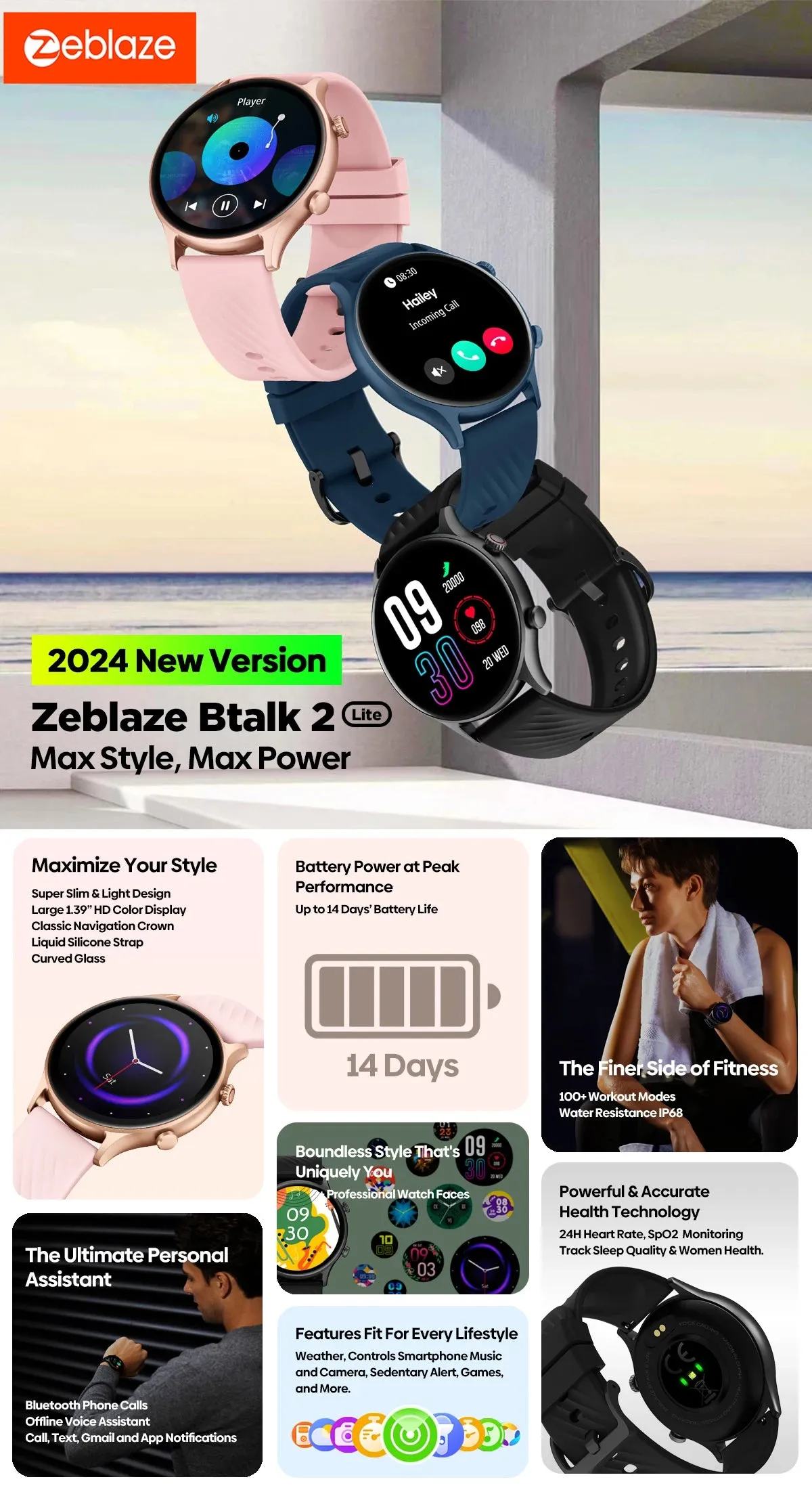 ZEBLAZE Btalk 2 Lite 1.39" HD Display Smart Watch